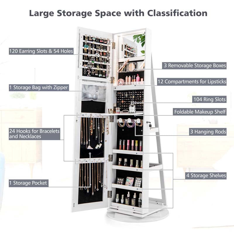 63.5"H 360 Swivel Jewelry Armoire w/Full Length Mirror, 3-Color LED lights, Rear Storage Shelves, Lockable Standing Jewelry Cabinet Organizer