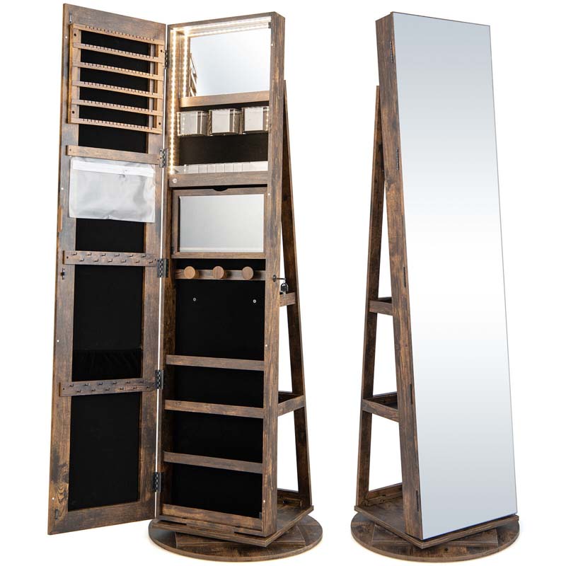 63.5"H 360 Swivel Jewelry Armoire w/Full Length Mirror, 3-Color LED lights, Rear Storage Shelves, Lockable Standing Jewelry Cabinet Organizer