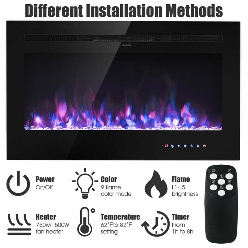 36" Ultra-Thin Recessed Electric Fireplace Insert, 1500W Wall-mounted Fireplace Heater with 9 Flame Colors