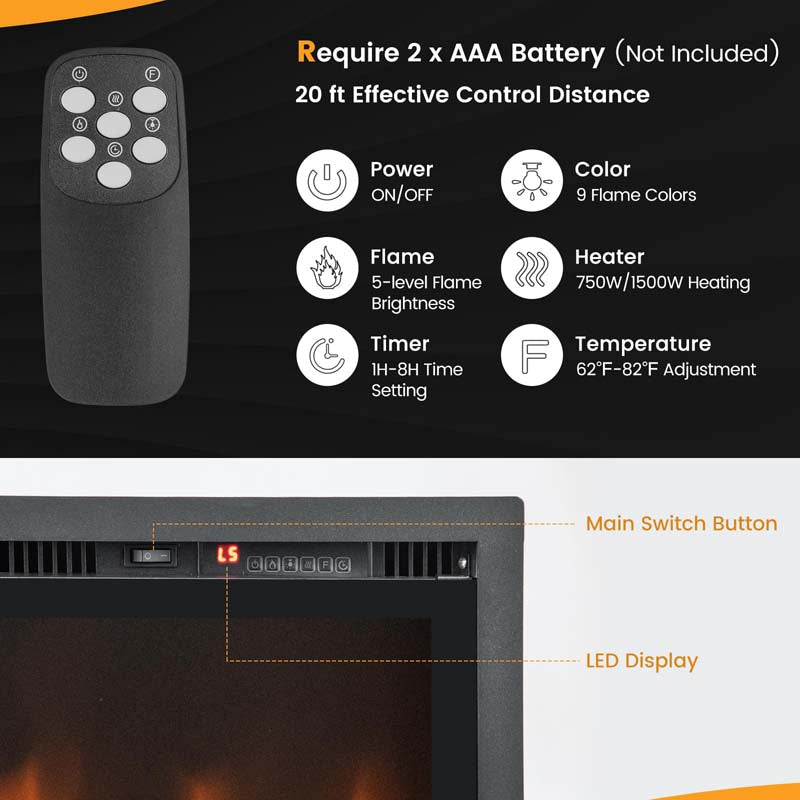36"/42"/50" Wide Electric Fireplace Recessed/Wall Mounted/Freestanding, 750W/1500W Linear Fireplace Heater Insert with 9 Flame Color