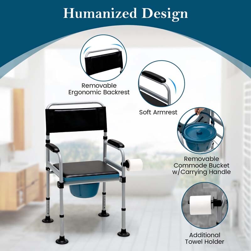 4-in-1 Folding Bedside Commode Chair with Arms, Height Adjustable Portable Toilet Bath Shower Potty Chair