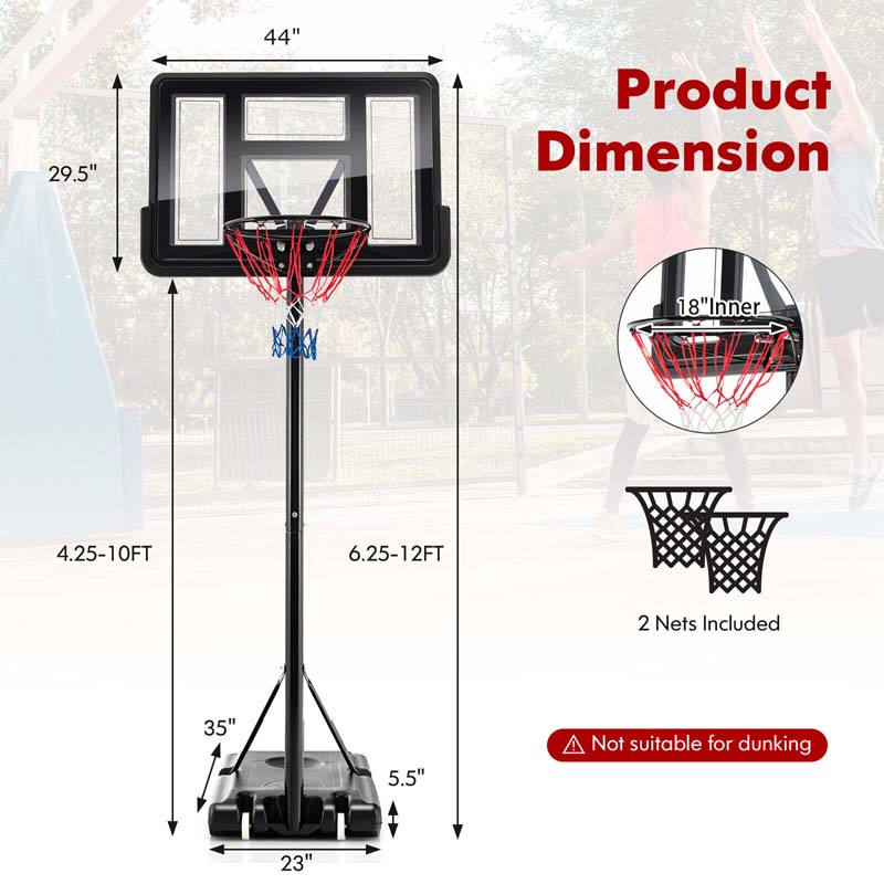 4.25-10FT Portable Basketball Hoop Outdoor, Height Adjustable Basketball Goal System w/44" Backboard 2 Nets