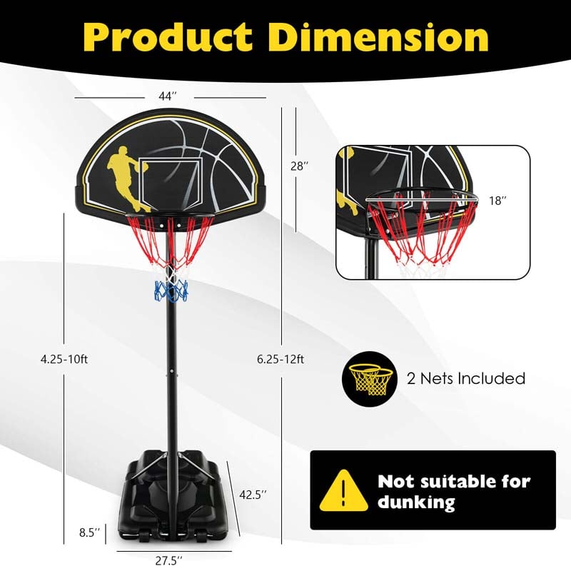 4.25-10FT Portable Basketball Hoop Outdoor Indoor Basketball Goal Hoop System with 44" Backboard & Fillable Base