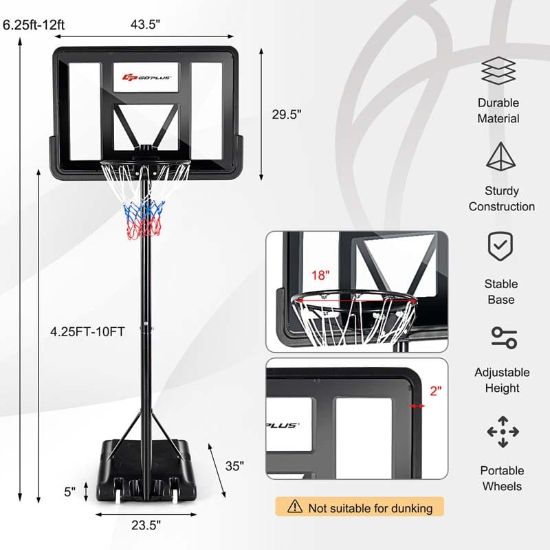 Portable Basketball Hoop Outdoor, 4.5-10FT Height Adjustable Basketball Goal System with 44" Backboard & Wheels