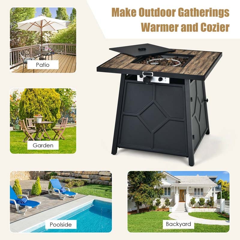 28" Square Outdoor Dining Fire Table, 40000 BTU Propane Gas Fire Pit Table with Lava Rocks & Cover