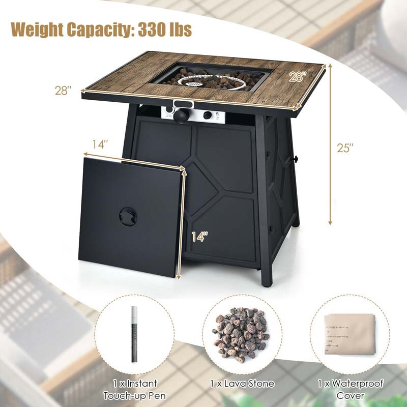 28" Square Outdoor Dining Fire Table, 40000 BTU Propane Gas Fire Pit Table with Lava Rocks & Cover