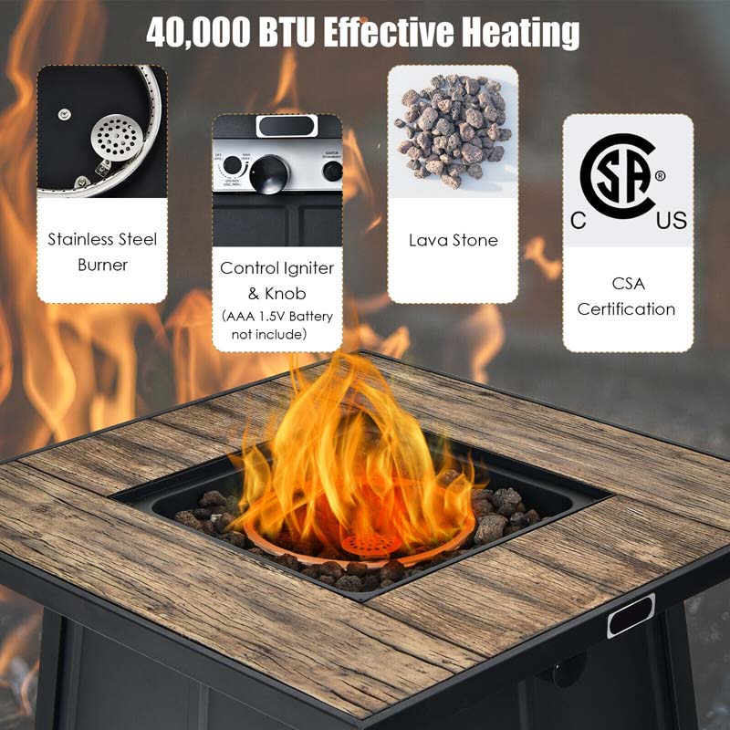 28" Square Outdoor Dining Fire Table, 40000 BTU Propane Gas Fire Pit Table with Lava Rocks & Cover