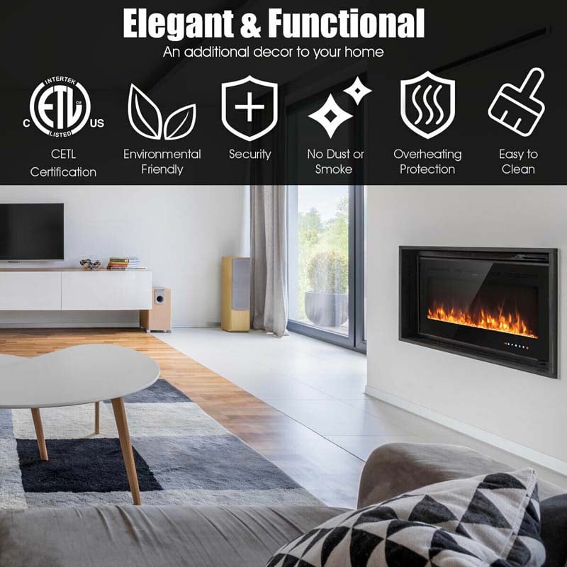 40" Ultra-Thin Recessed Electric Fireplace Insert, 1500W Wall-mounted Fireplace Heater with 9 Flame Colors