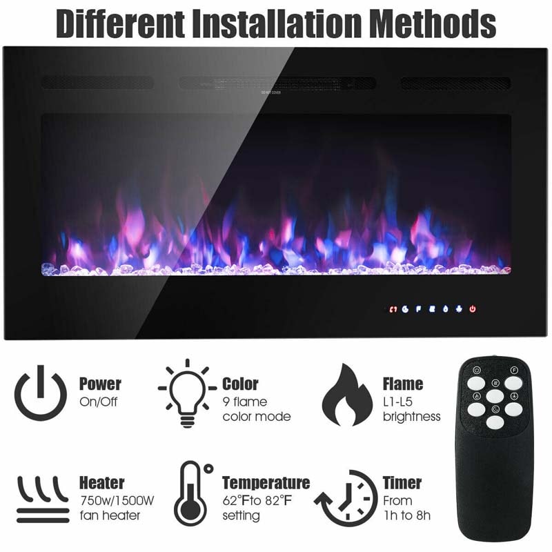 40" Ultra-Thin Recessed Electric Fireplace Insert, 1500W Wall-mounted Fireplace Heater with 9 Flame Colors