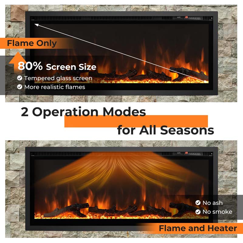 36"/42"/50" Wide Electric Fireplace Recessed/Wall Mounted/Freestanding, 750W/1500W Linear Fireplace Heater Insert with 9 Flame Color