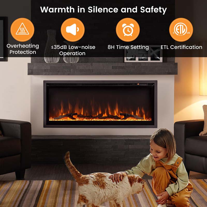 36"/42"/50" Wide Electric Fireplace Recessed/Wall Mounted/Freestanding, 750W/1500W Linear Fireplace Heater Insert with 9 Flame Color