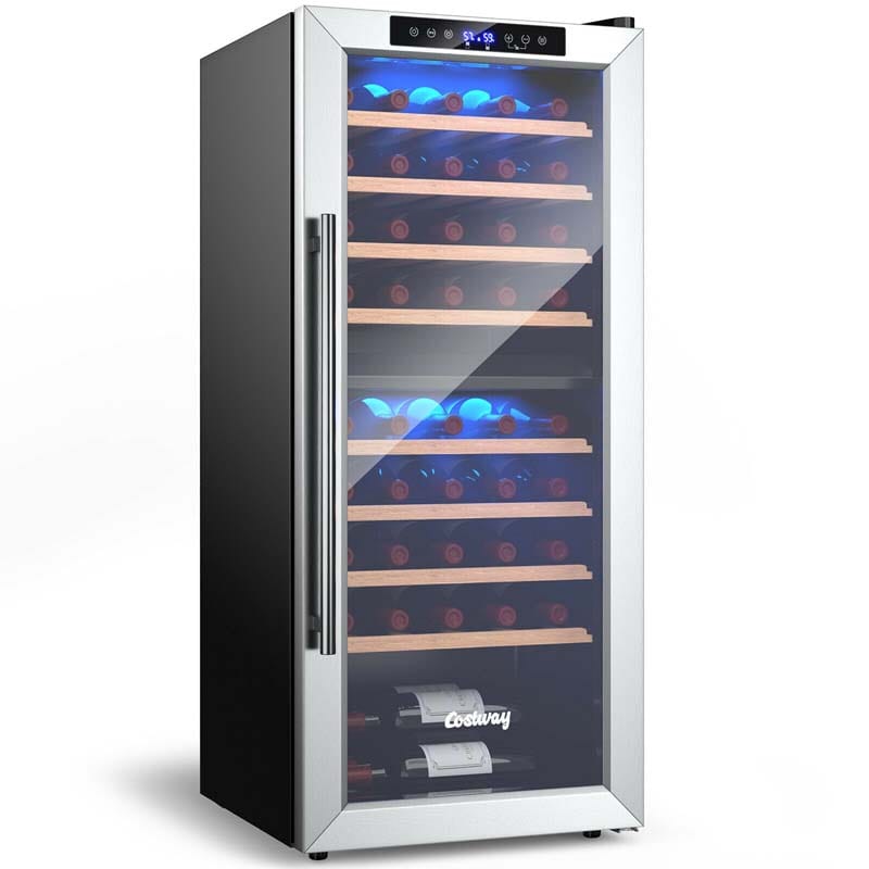 20" 43-Bottle Dual Zone Wine Cooler Refrigerator Freestanding Wine Cellar with 8 Wooden Shelves