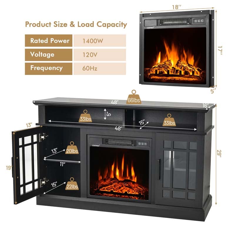 48" TV Console with 18" Fireplace Insert, Fireplace TV Stand for TVs up to 50 Inches, 1400W Electric Fireplace Heater