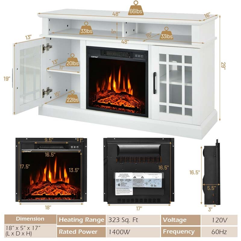 48" TV Console with 18" Fireplace Insert, Fireplace TV Stand for TVs up to 50 Inches, 1400W Electric Fireplace Heater