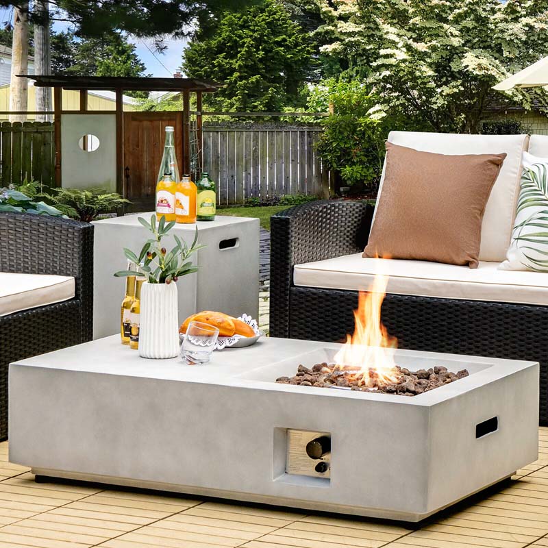 48" Concrete-like Propane Gas Fire Pit Table, 40000 BTU Outdoor Fire Pit with Lava Rocks & Cover