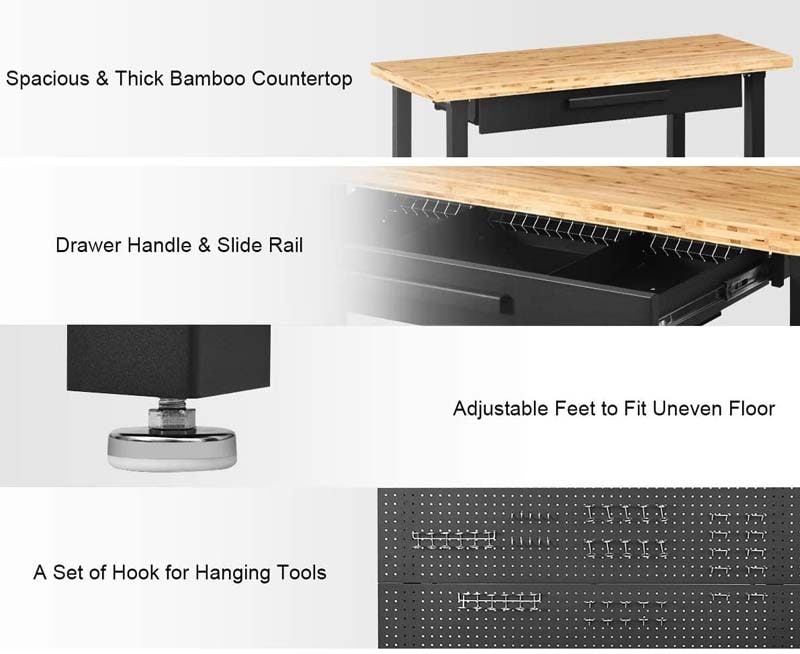 48" Bamboo Workbench with Drawers & Removable Pegboard, Heavy-Duty Work Table Tool Storage Bench