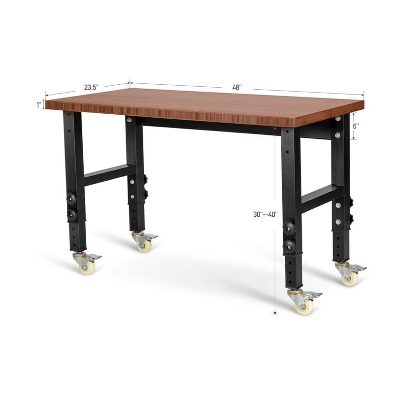 48" x 24" Bamboo Mobile Workbench with Casters, Heavy-Duty Steel Work Table Adjustable Height Workstation