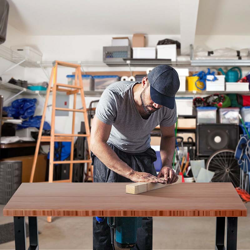 48" x 24" Bamboo Mobile Workbench with Casters, Heavy-Duty Steel Work Table Adjustable Height Workstation