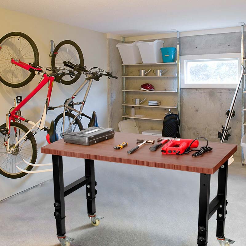48" x 24" Bamboo Mobile Workbench with Casters, Heavy-Duty Steel Work Table Adjustable Height Workstation