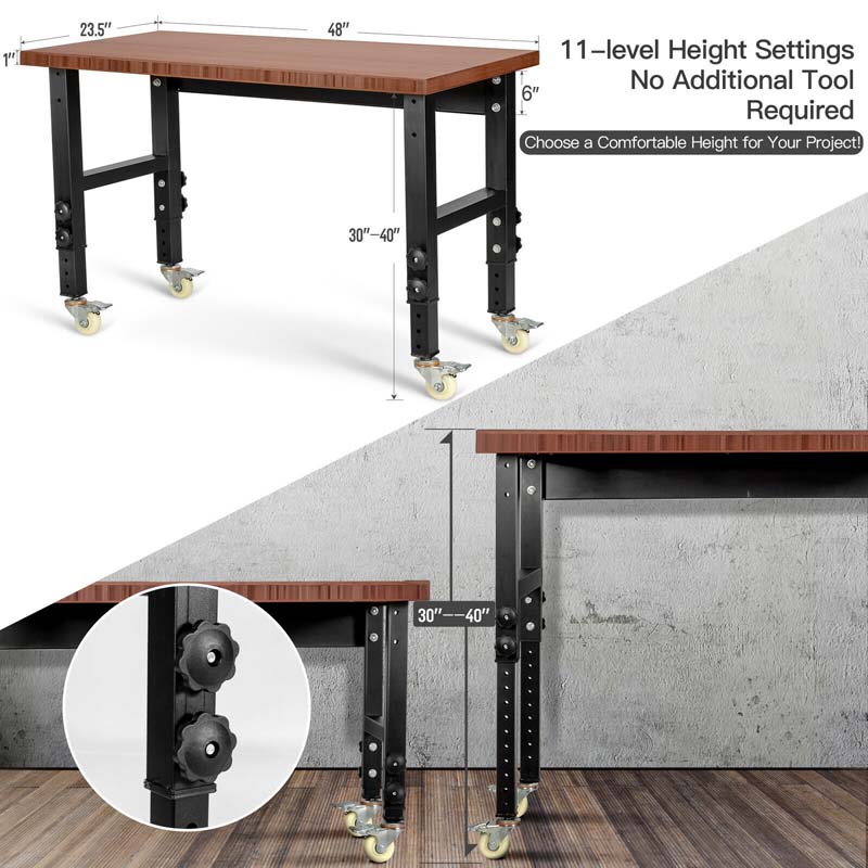 48" x 24" Bamboo Mobile Workbench with Casters, Heavy-Duty Steel Work Table Adjustable Height Workstation
