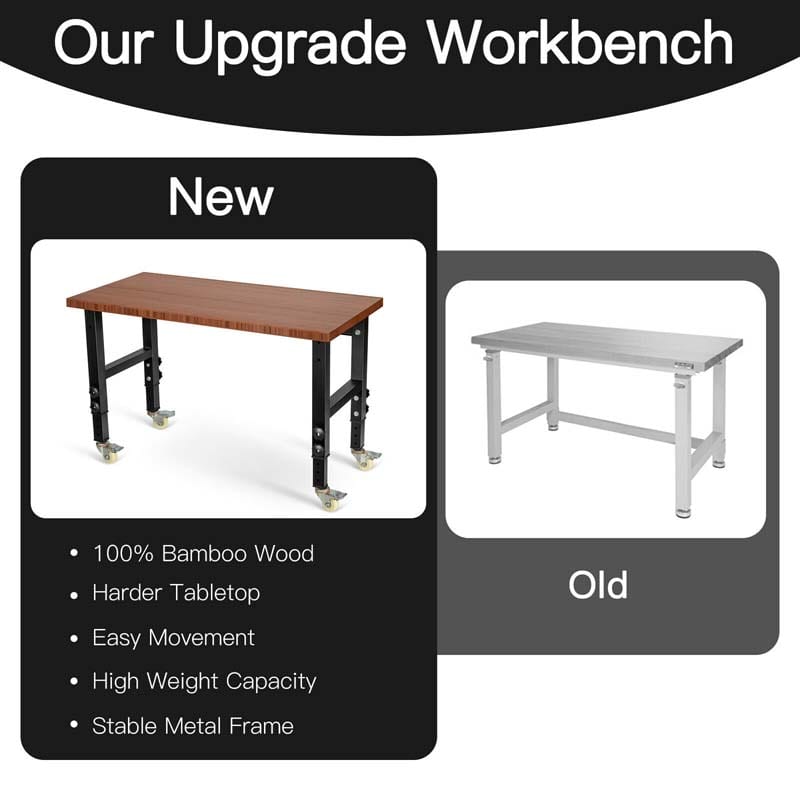 48" x 24" Bamboo Mobile Workbench with Casters, Heavy-Duty Steel Work Table Adjustable Height Workstation