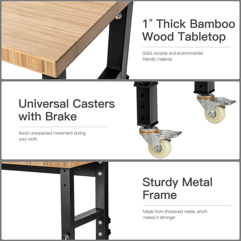 48" x 24" Bamboo Mobile Workbench with Casters, Heavy-Duty Steel Work Table Adjustable Height Workstation