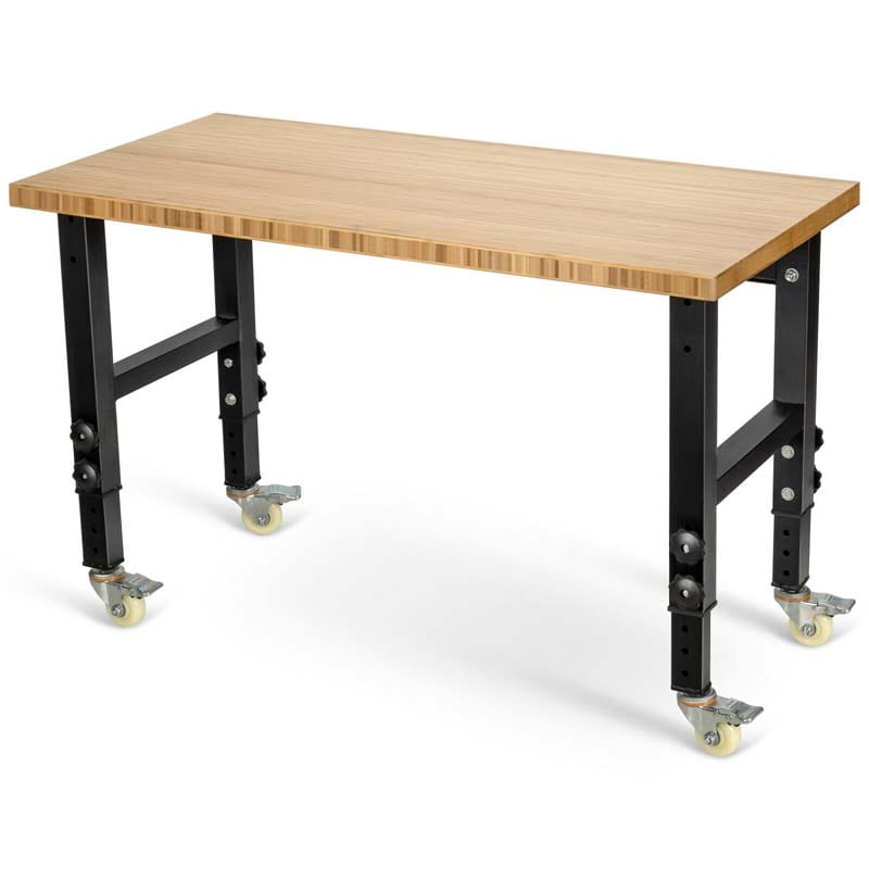48" x 24" Bamboo Mobile Workbench with Casters, Heavy-Duty Steel Work Table Adjustable Height Workstation