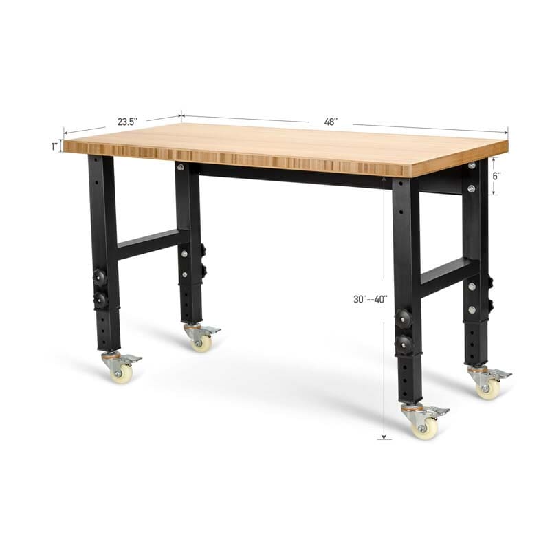 48" x 24" Bamboo Mobile Workbench with Casters, Heavy-Duty Steel Work Table Adjustable Height Workstation
