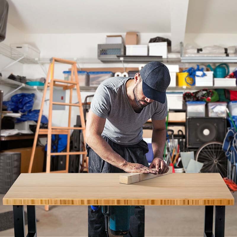 48" x 24" Bamboo Mobile Workbench with Casters, Heavy-Duty Steel Work Table Adjustable Height Workstation