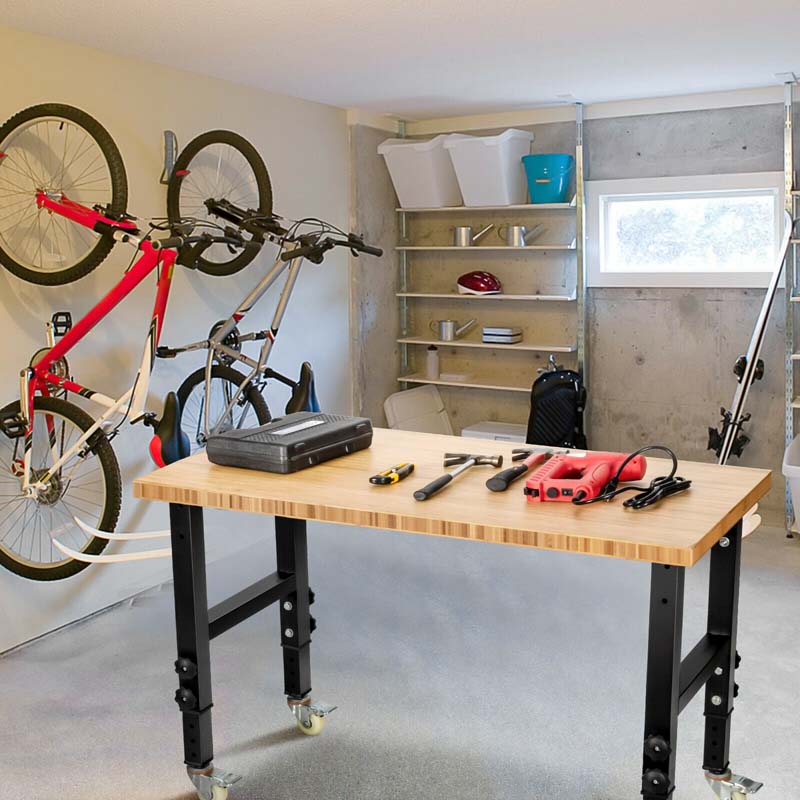 48" x 24" Bamboo Mobile Workbench with Casters, Heavy-Duty Steel Work Table Adjustable Height Workstation