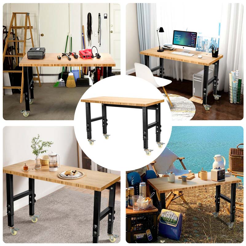 48" x 24" Bamboo Mobile Workbench with Casters, Heavy-Duty Steel Work Table Adjustable Height Workstation