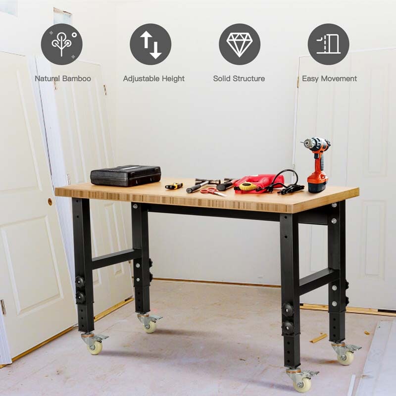 48" x 24" Bamboo Mobile Workbench with Casters, Heavy-Duty Steel Work Table Adjustable Height Workstation
