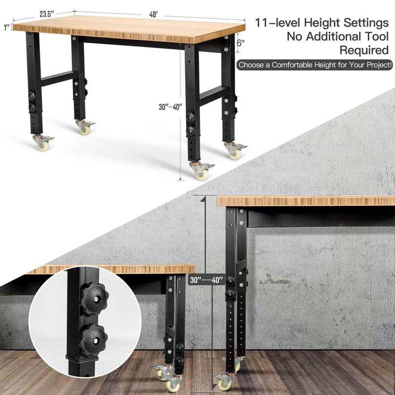 48" x 24" Bamboo Mobile Workbench with Casters, Heavy-Duty Steel Work Table Adjustable Height Workstation