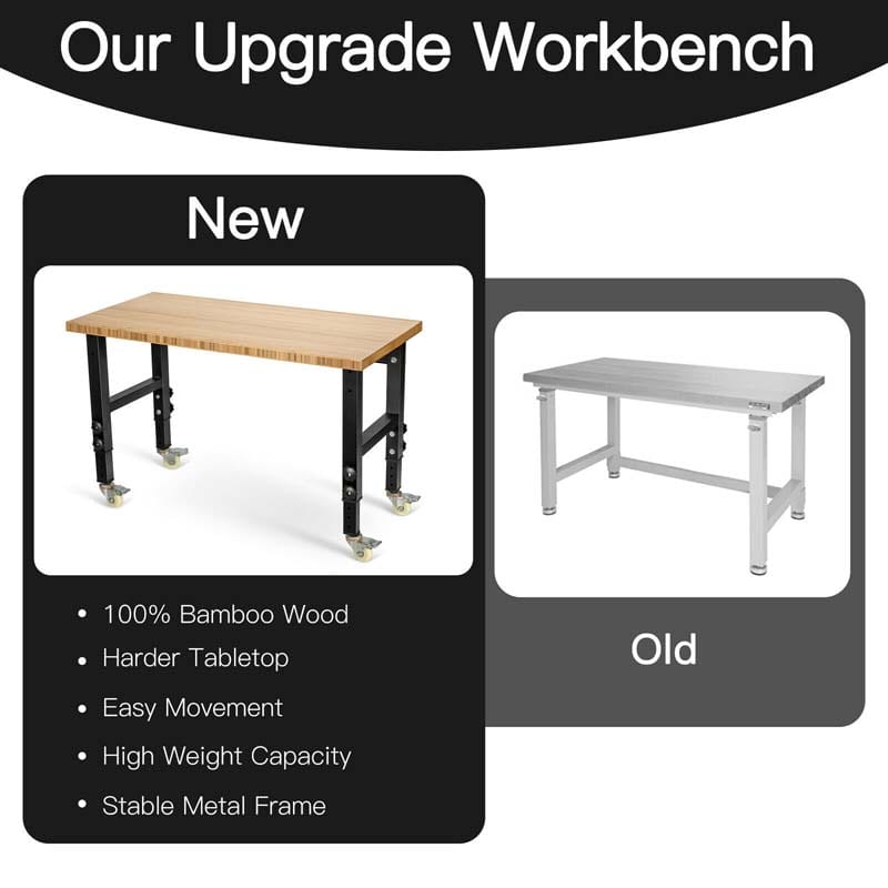 48" x 24" Bamboo Mobile Workbench with Casters, Heavy-Duty Steel Work Table Adjustable Height Workstation