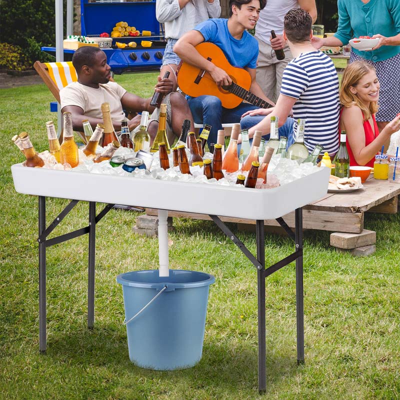 4 Foot Party Folding Ice Table with Drain and Matching Skirt, Outdoor Fill and Chill Table for Cooling Food Beverage