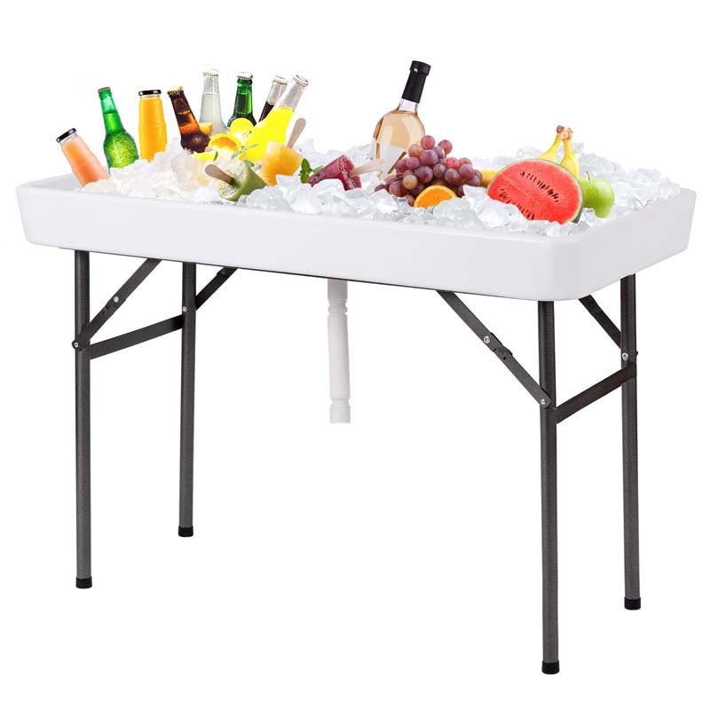 4 Foot Party Folding Ice Table with Drain and Matching Skirt, Outdoor Fill and Chill Table for Cooling Food Beverage