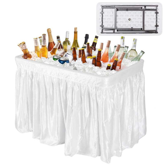 4 Foot Party Folding Ice Table with Drain and Matching Skirt, Outdoor Fill and Chill Table for Cooling Food Beverage