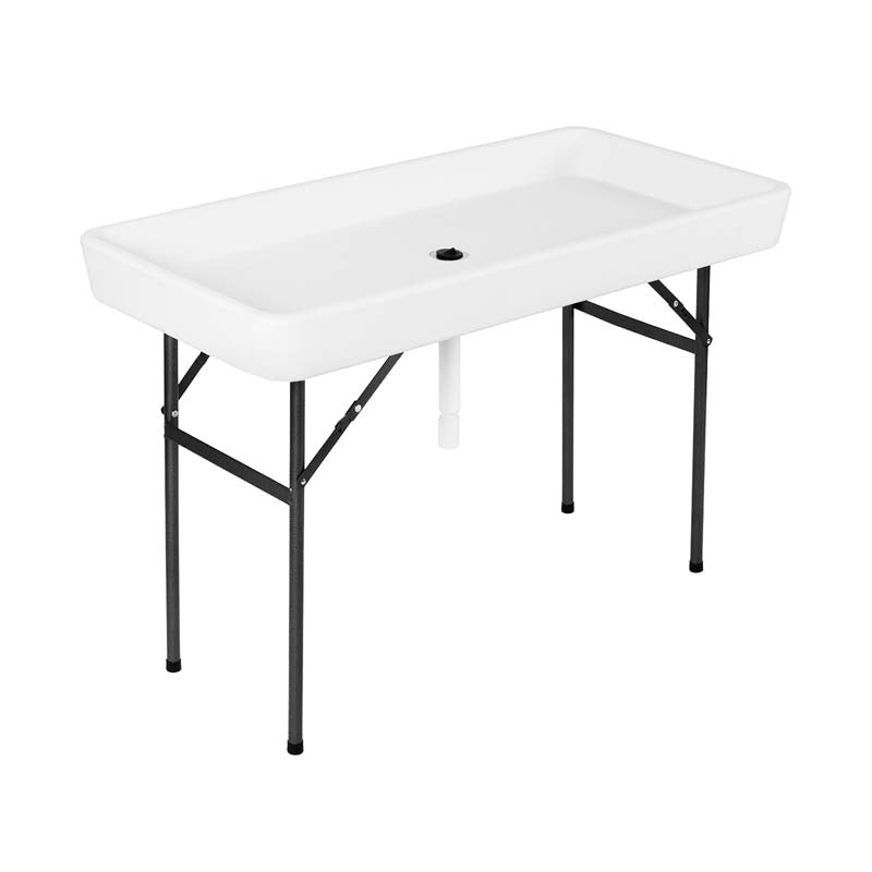 4 Foot Party Folding Ice Table with Drain and Matching Skirt, Outdoor Fill and Chill Table for Cooling Food Beverage