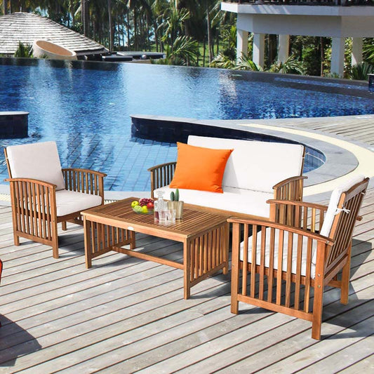 4 Pcs Outdoor Acacia Wood Sofa Set Patio Conversation Furniture Set with Cushions & Coffee Table