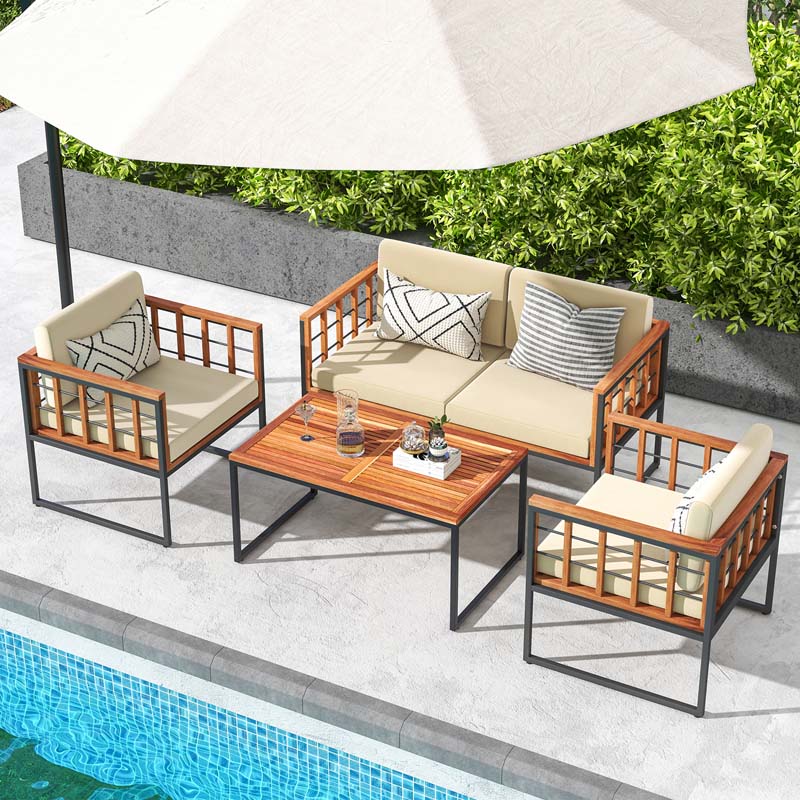 4Pcs Acacia Wood Outdoor Sofa Set with Heavy Duty Metal Frame, Soft Seat & Back Cushions