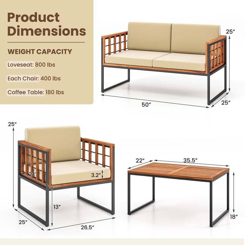 4Pcs Acacia Wood Outdoor Sofa Set with Heavy Duty Metal Frame, Soft Seat & Back Cushions
