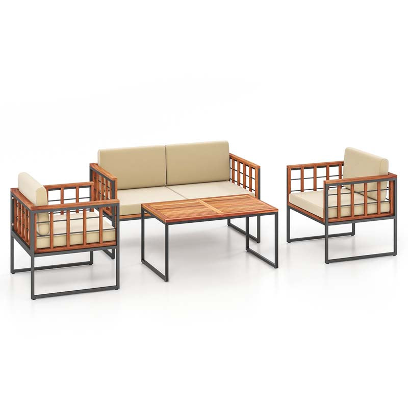 4Pcs Acacia Wood Outdoor Sofa Set with Heavy Duty Metal Frame, Soft Seat & Back Cushions