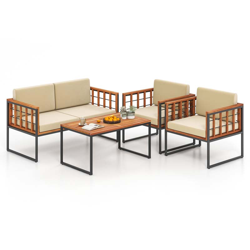 4Pcs Acacia Wood Outdoor Sofa Set with Heavy Duty Metal Frame, Soft Seat & Back Cushions