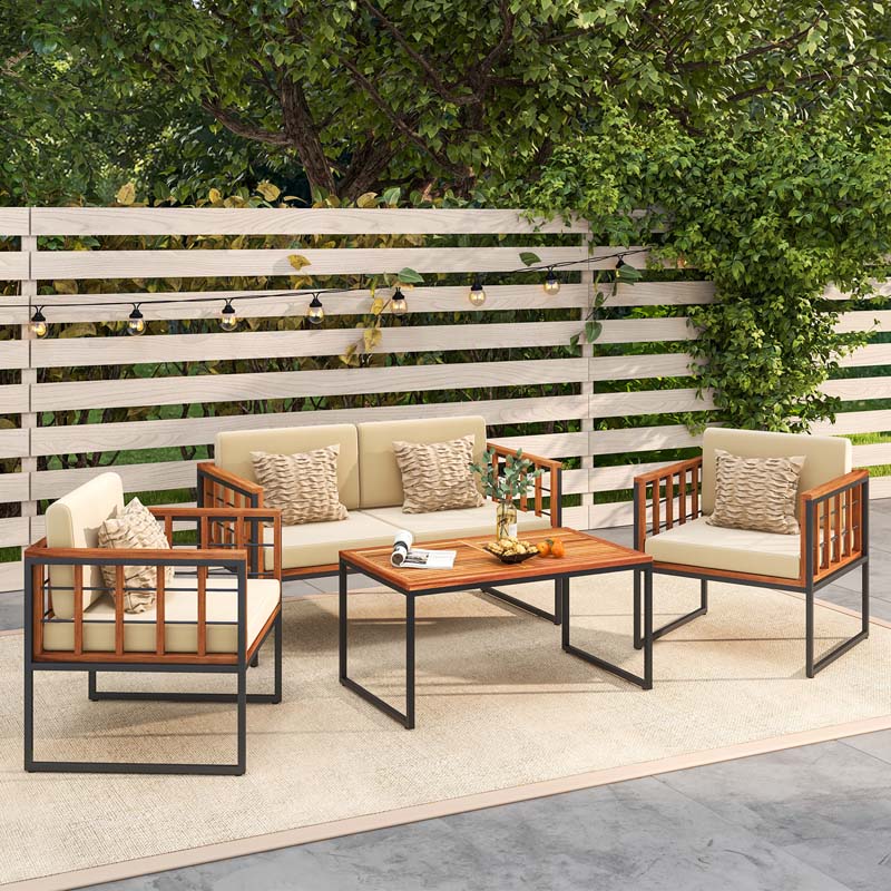 4Pcs Acacia Wood Outdoor Sofa Set with Heavy Duty Metal Frame, Soft Seat & Back Cushions