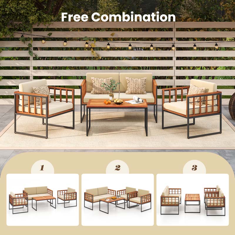 4Pcs Acacia Wood Outdoor Sofa Set with Heavy Duty Metal Frame, Soft Seat & Back Cushions