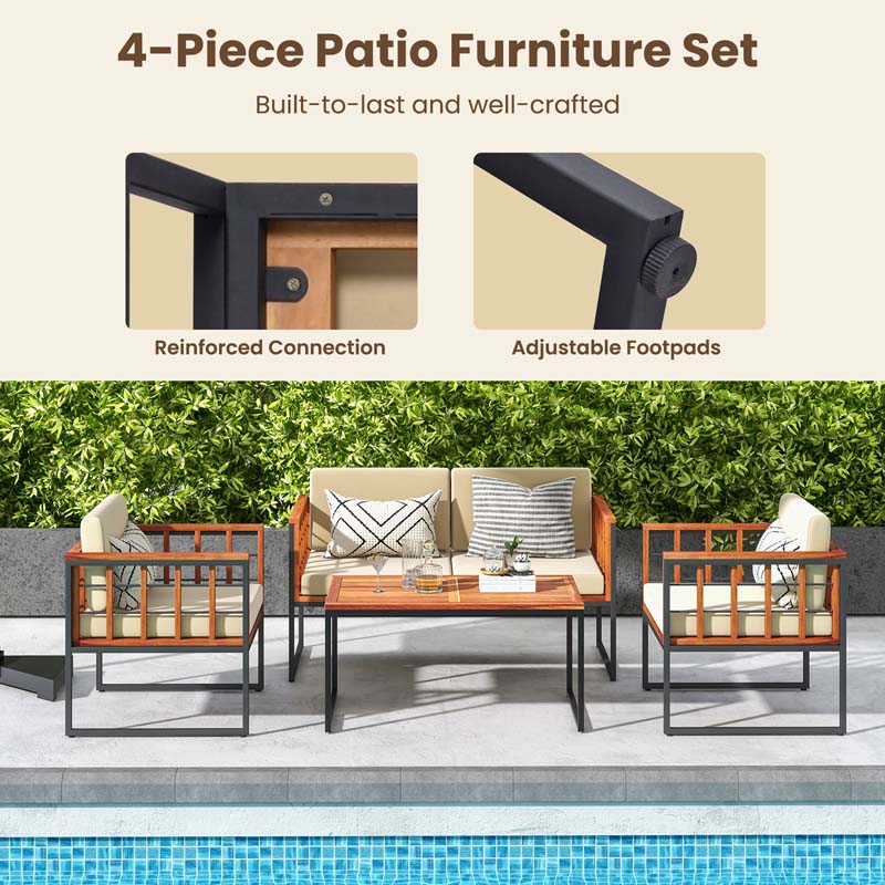 4Pcs Acacia Wood Outdoor Sofa Set with Heavy Duty Metal Frame, Soft Seat & Back Cushions