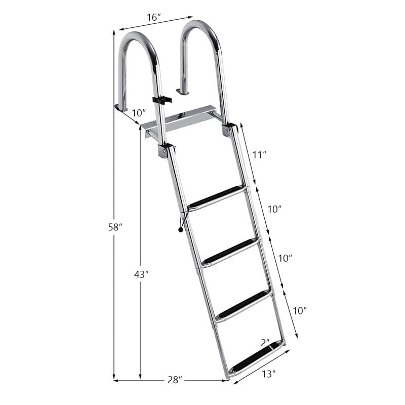4-Step Folding Pontoon Boat Ladder with Pedal Handrail, Stainless Steel Telescoping Swimming Pool Deck Ladder for Yacht Marine