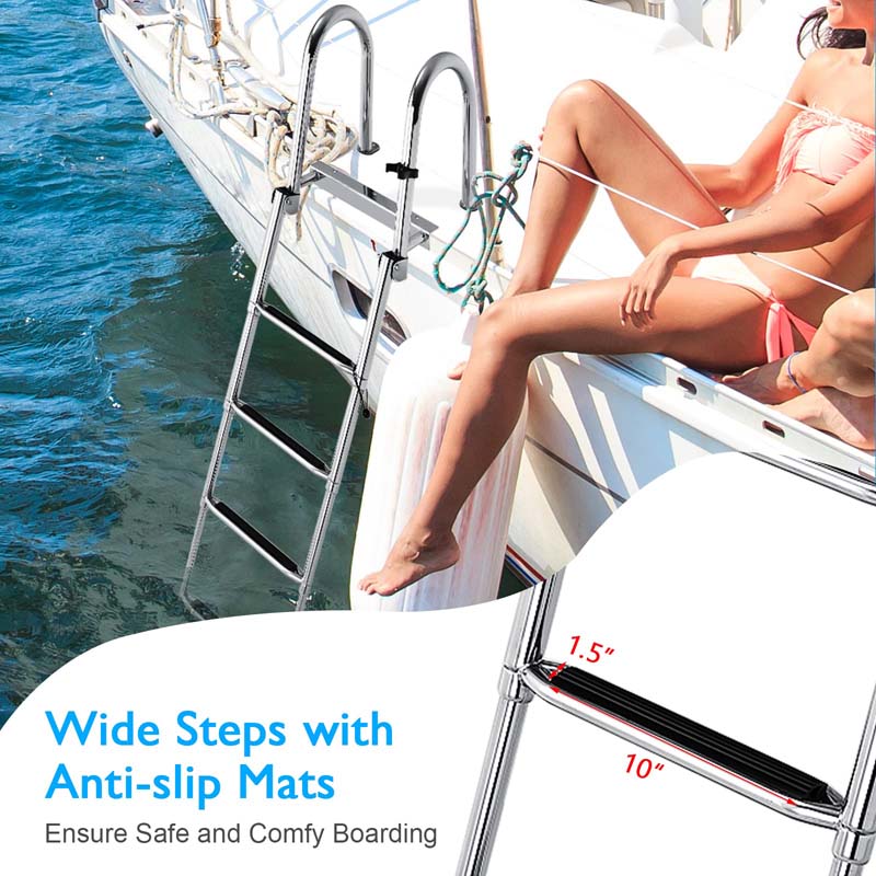 4-Step Folding Pontoon Boat Ladder with Pedal Handrail, Stainless Steel Telescoping Swimming Pool Deck Ladder for Yacht Marine