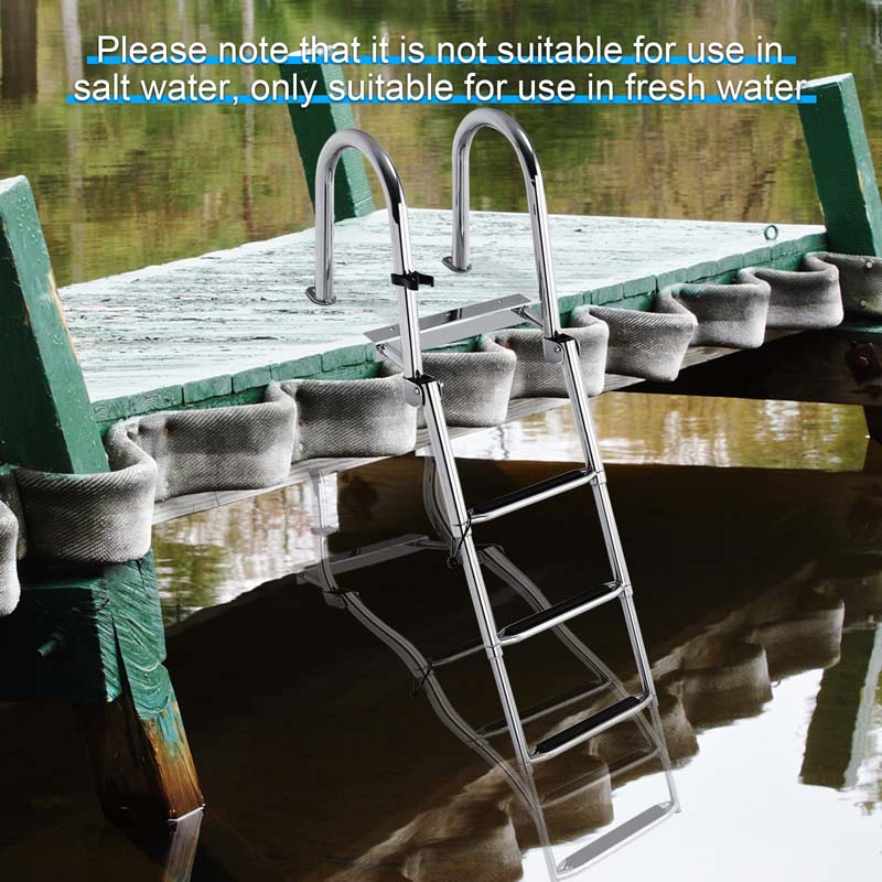 4-Step Folding Pontoon Boat Ladder with Pedal Handrail, Stainless Steel Telescoping Swimming Pool Deck Ladder for Yacht Marine