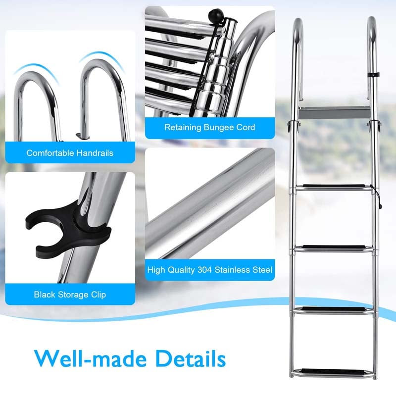 4-Step Folding Pontoon Boat Ladder with Pedal Handrail, Stainless Steel Telescoping Swimming Pool Deck Ladder for Yacht Marine